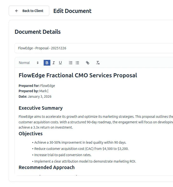 FlowEdge document editor showing a Fractional CMO proposal with formatting tools